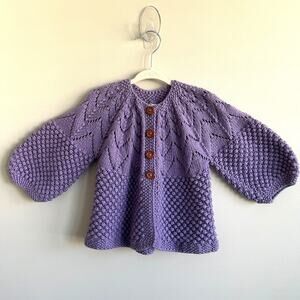 June Bee Baby Bubble Cardigan Sweater Hand Knit In Turkey Wood Buttons Purple